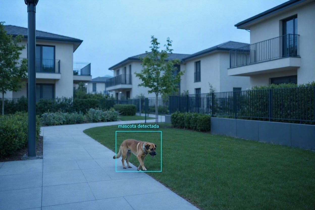Cámara con IA detectando una mascota en la zona común de un conjunto residencial, con recuadro de detección