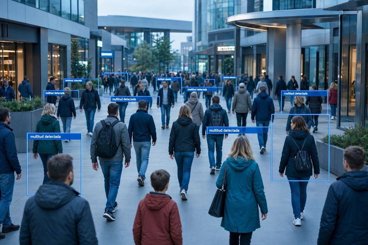 Cámara con IA detectando multitudes de personas en una plaza moderna, con recuadros de detección