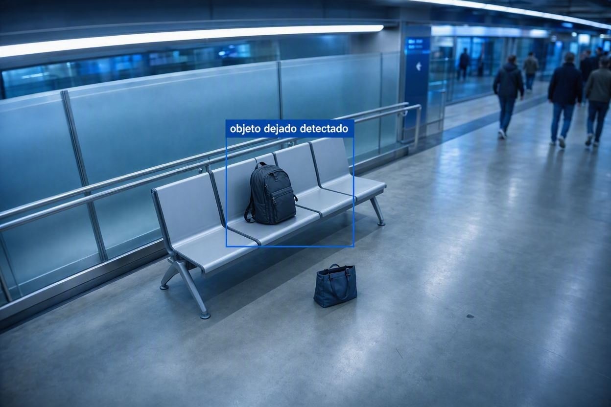 Cámara con IA detectando una mochila dejada sola en una estación de tránsito, con recuadro de detección