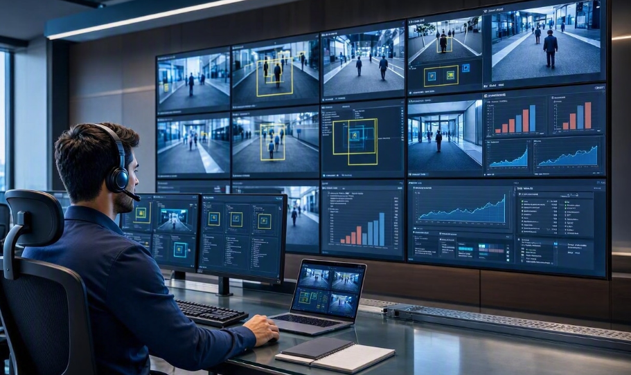 Analista de seguridad monitoreando pantallas con detección de personas y estadísticas de video en tiempo real