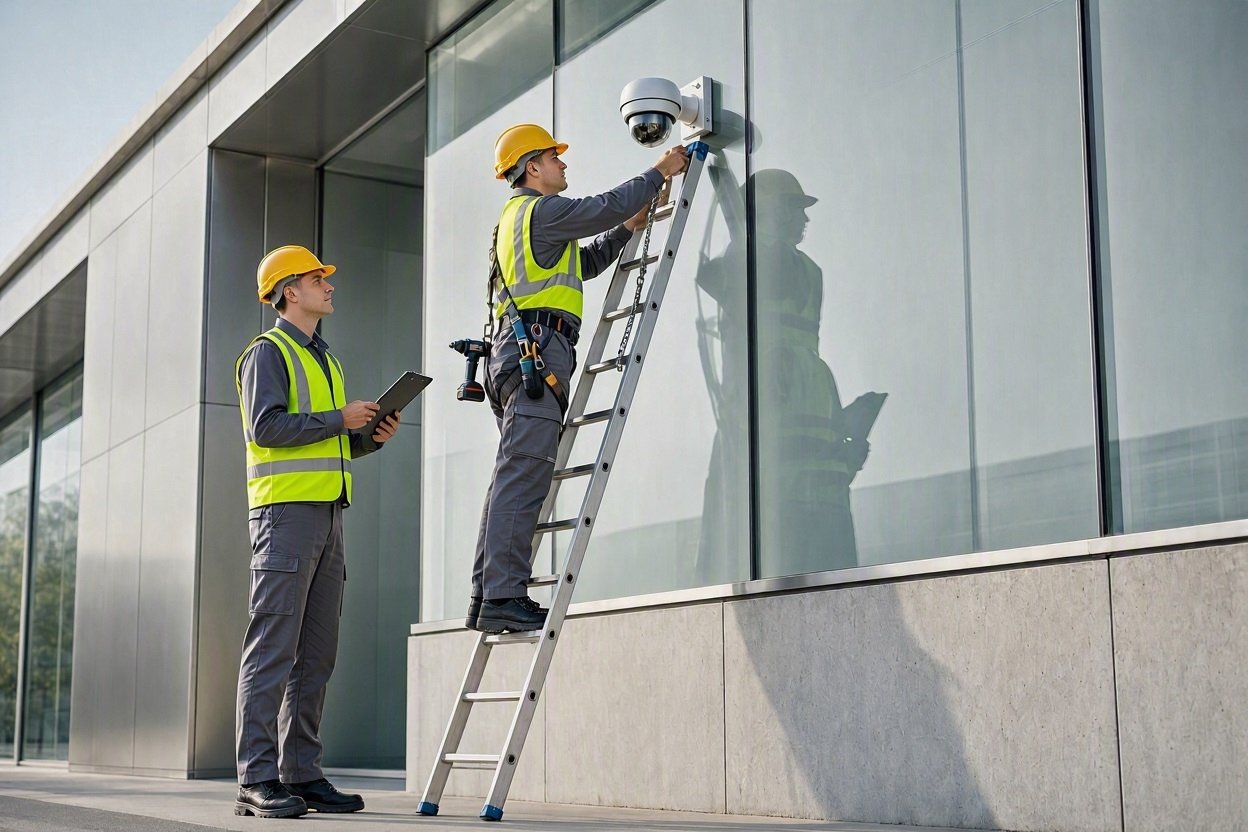 Técnicos de SANLUFER instalando una cámara de videovigilancia en la fachada de un edificio moderno