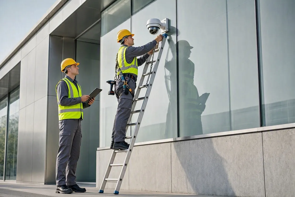 Técnico de SANLUFER instalando una cámara de videovigilancia en la fachada de un edificio moderno