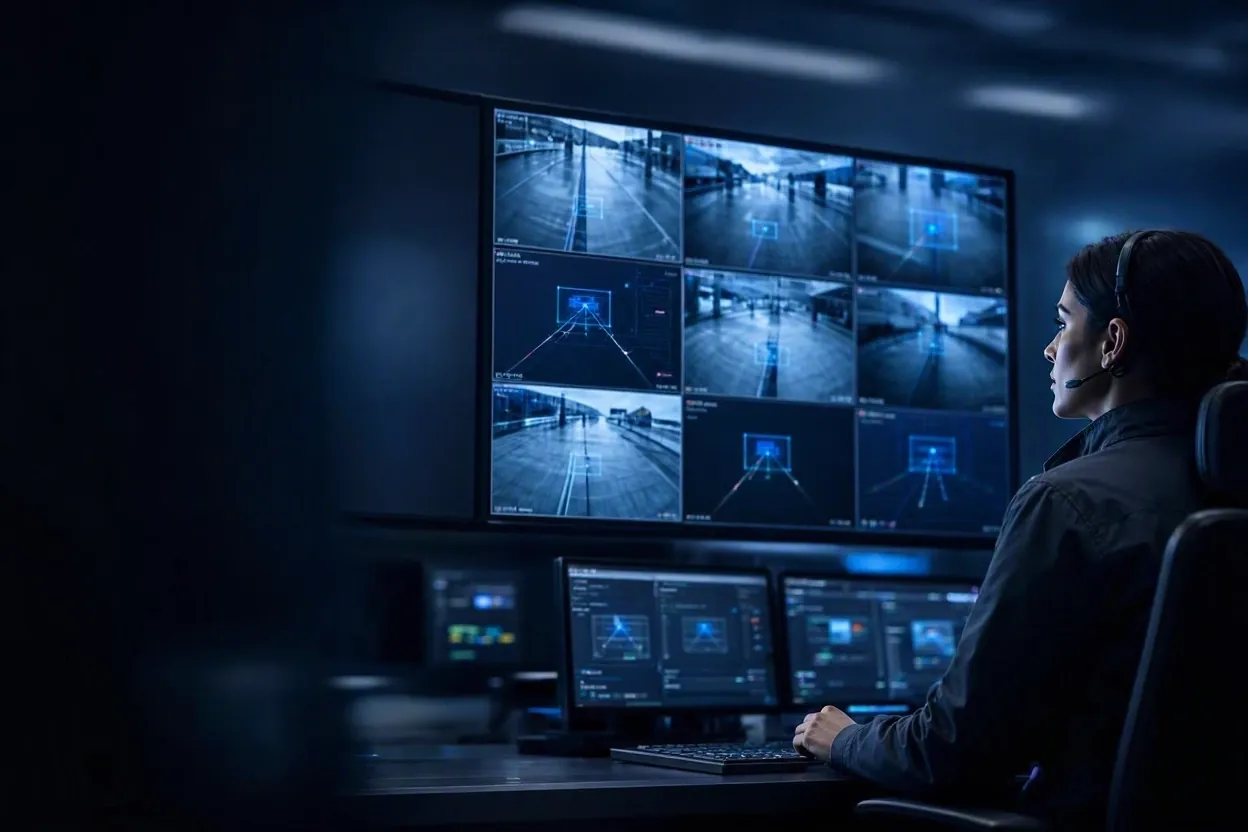 Operadora monitoreando un muro de cámaras de seguridad con análisis de video por inteligencia artificial